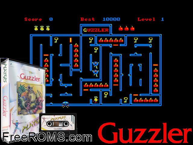 Guzzler (UK) (1986) [t1] Amstrad CPC game showing 3D box cover and gameplay screenshot